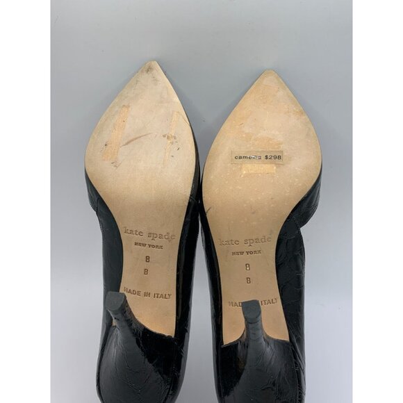 Kate Spade Black Alligator Textured Leather Camellia Pointed Toe Heels, Size 8 - Picture 9 of 9